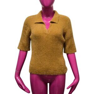 BAILEY/44 MUSTARD GOLD FUZZY KNIT POLO SWEATER TOP